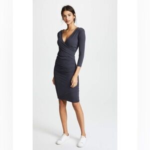 James Perse Skinny Wrap Tuck Dress Dark Gray Midi V Neck Ruched Soft